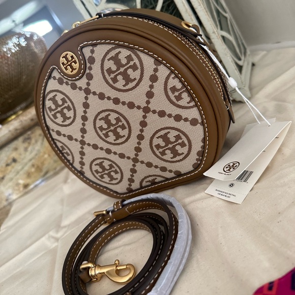 NEW Tory Burch T Monogram Hazelnut Jacquard Circle Bag 478 Crossbody Bags